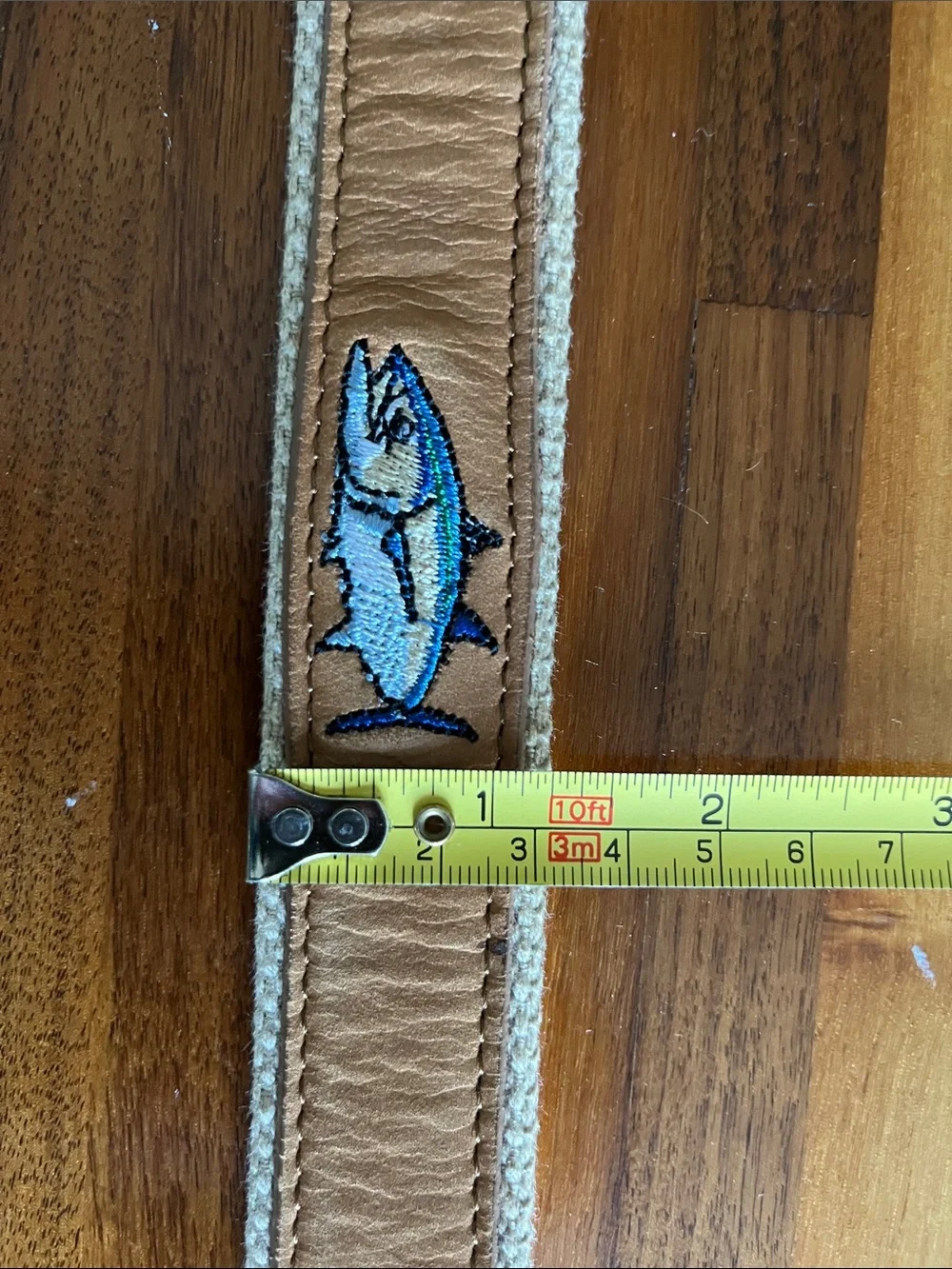 Guy Harvey Tuna Embroidered Leather Belt Sz 38 Solid Brass Fishing